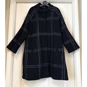 Adrienne Vittadini Black Plaid Wool Blend Mid Length Coat Sz XL Preppy Career